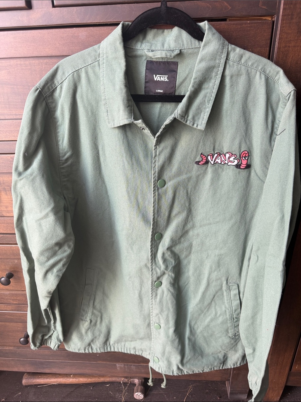 Vans Men's Olive Green Coach Jacket with Pink Logo
